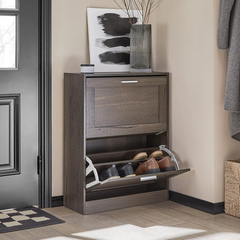 Shoe Storage Cabinet Entryway Slim Shoe Rack Freestanding Narrow Shoe Organizer 2 Flip Drawers Shoe Cupboard For Mudroom Front Door Entrance Hallway